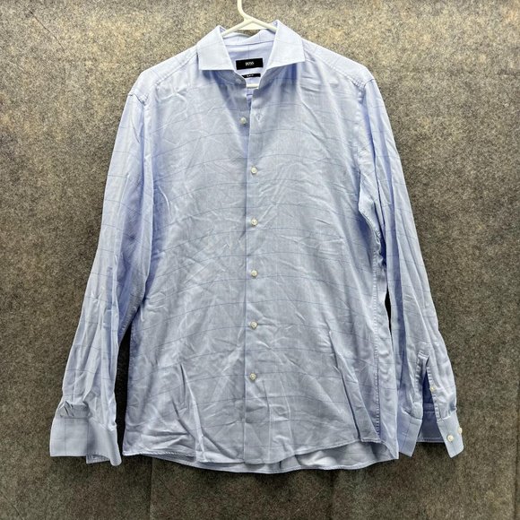 Hugo Boss Shirt Men 39 Blue Casual Button Down Outdoors Dress Slim Fit Check - Picture 1 of 12